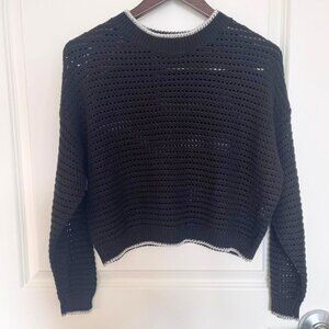 Zudio Women's Crochet Crop Mesh Knit Crew Neck Black Top Sweater Size - XS